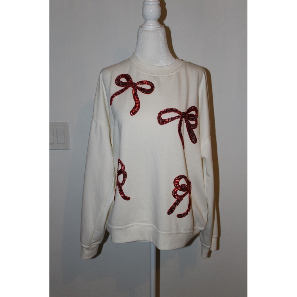 Philosophy Republic Clothing Cream Sequin Red Bow Sweatshirt XL Festive Coquette